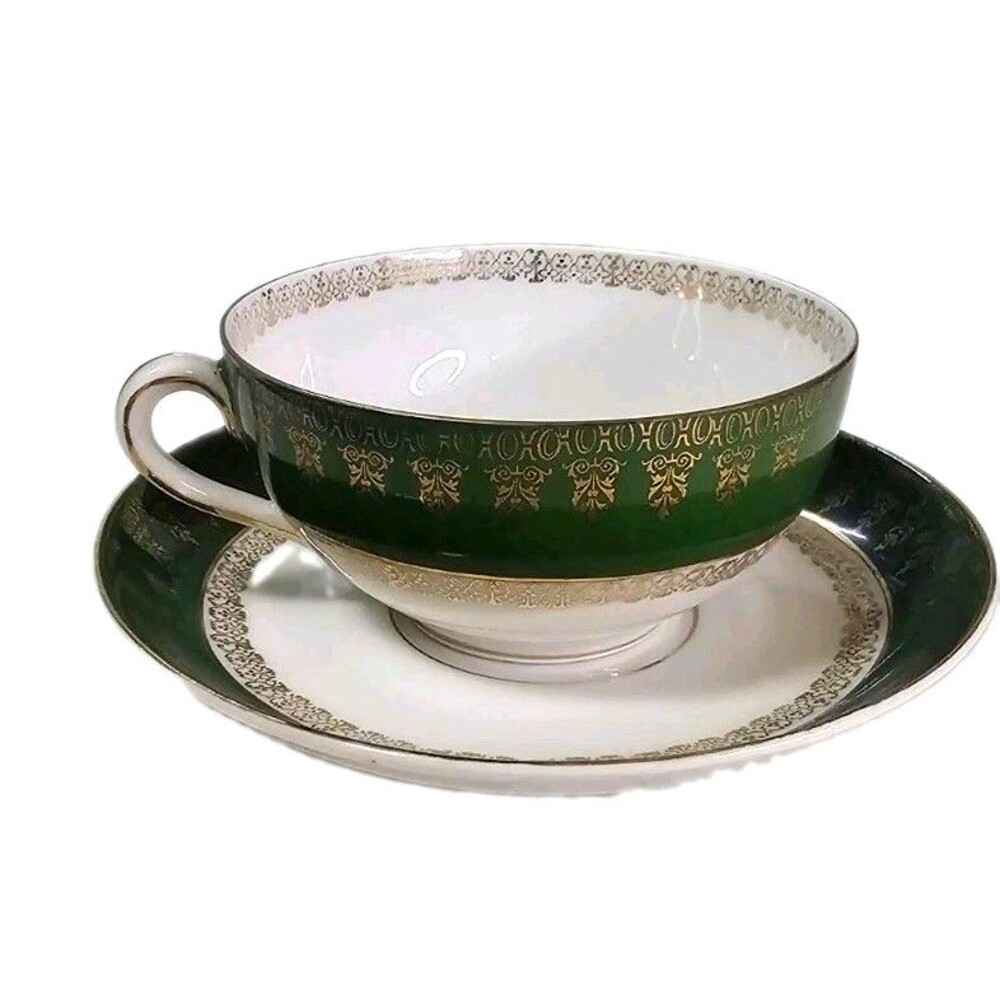 Antique C.T. Germany Carl Tielsch Altwasser Green Gold Gilt Teacup Saucer